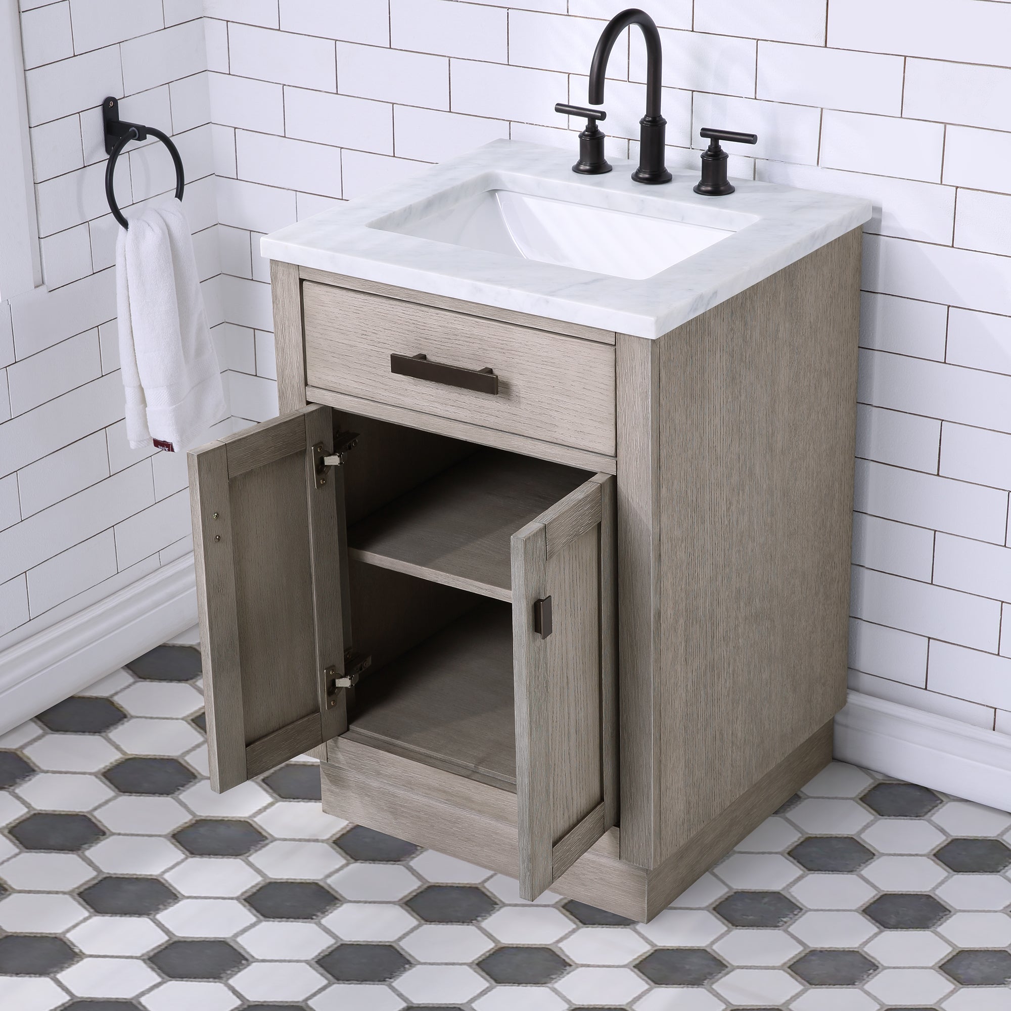 Water Creation | Chestnut 24 In. Single Sink Carrara White Marble Countertop Vanity In Grey Oak with Grooseneck Faucet | CH24CW03GK-000BL1403