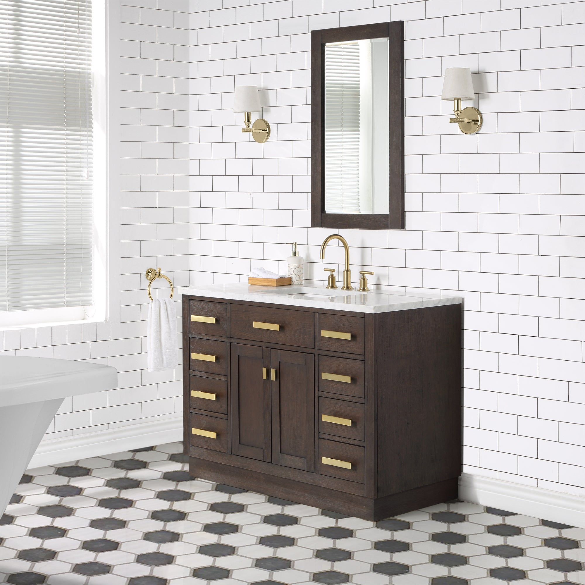 Water Creation | Chestnut 48 In. Single Sink Carrara White Marble Countertop Vanity In Brown Oak with Grooseneck Faucet | CH48CW06BK-000BL1406