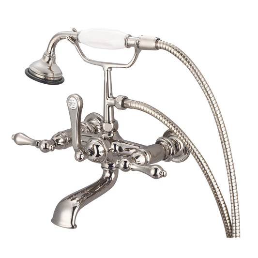 Water Creation | Vintage Classic 7 Inch Spread Wall Mount Tub Faucet With Straight Wall Connector & Handheld Shower in Polished Nickel (PVD) Finish With Metal Lever Handles Without Labels | F6-0010-05-AL