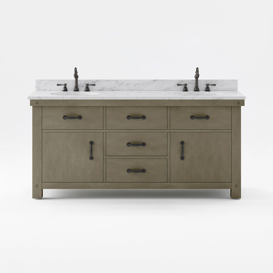 Water Creation | 72 Inch Grizzle Grey Double Sink Bathroom Vanity With Mirrors And Faucets With Carrara White Marble Counter Top From The ABERDEEN Collection | AB72CW03GG-A24BX1203