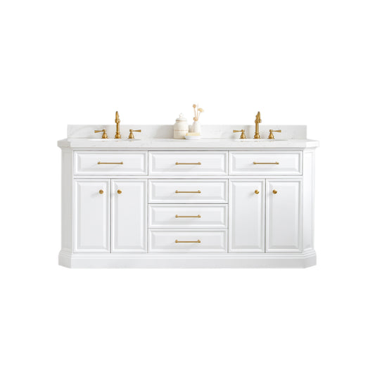 Water Creation | 72" Palace Collection Quartz Carrara Pure White Bathroom Vanity Set With Hardware And F2-0012 Faucets in Satin Gold Finish And Only Mirrors in Chrome Finish | PA72QZ06PW-000TL1206