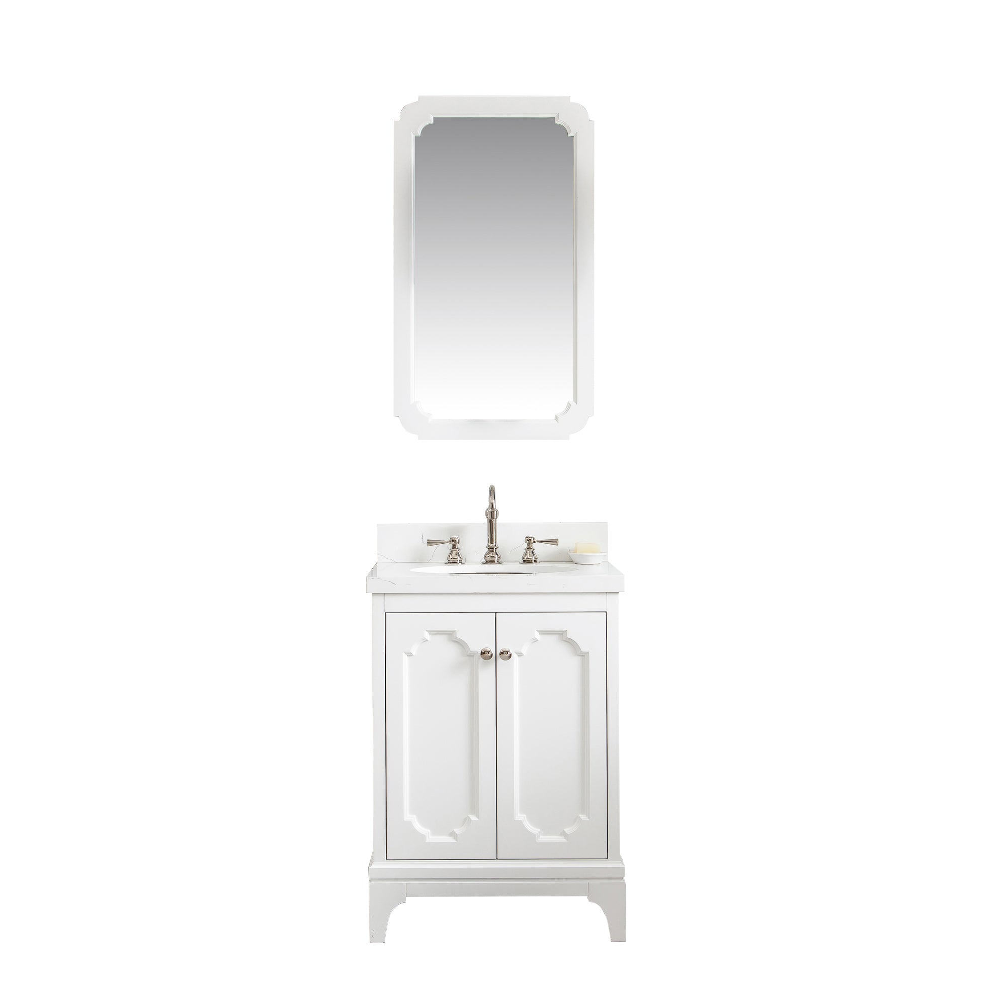 Water Creation | Queen 24-Inch Single Sink Quartz Carrara Vanity In Pure White With Matching Mirror(s) and F2-0012-05-TL Lavatory Faucet(s) | QU24QZ05PW-Q21TL1205