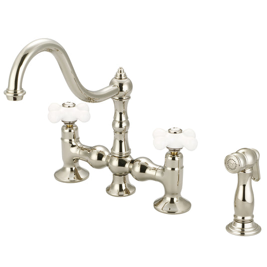 Water Creation | Bridge Style Kitchen Faucet With Side Spray To Match in Polished Nickel (PVD) Finish With Porcelain Cross Handles, Hot And Cold Labels Included | F5-0010-05-PX