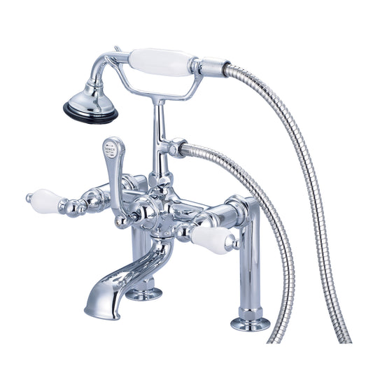 Water Creation | Vintage Classic 7 Inch Spread Deck Mount Tub Faucet With 6 Inch Risers & Handheld Shower in Chrome Finish With Porcelain Lever Handles Without labels | F6-0006-01-PL