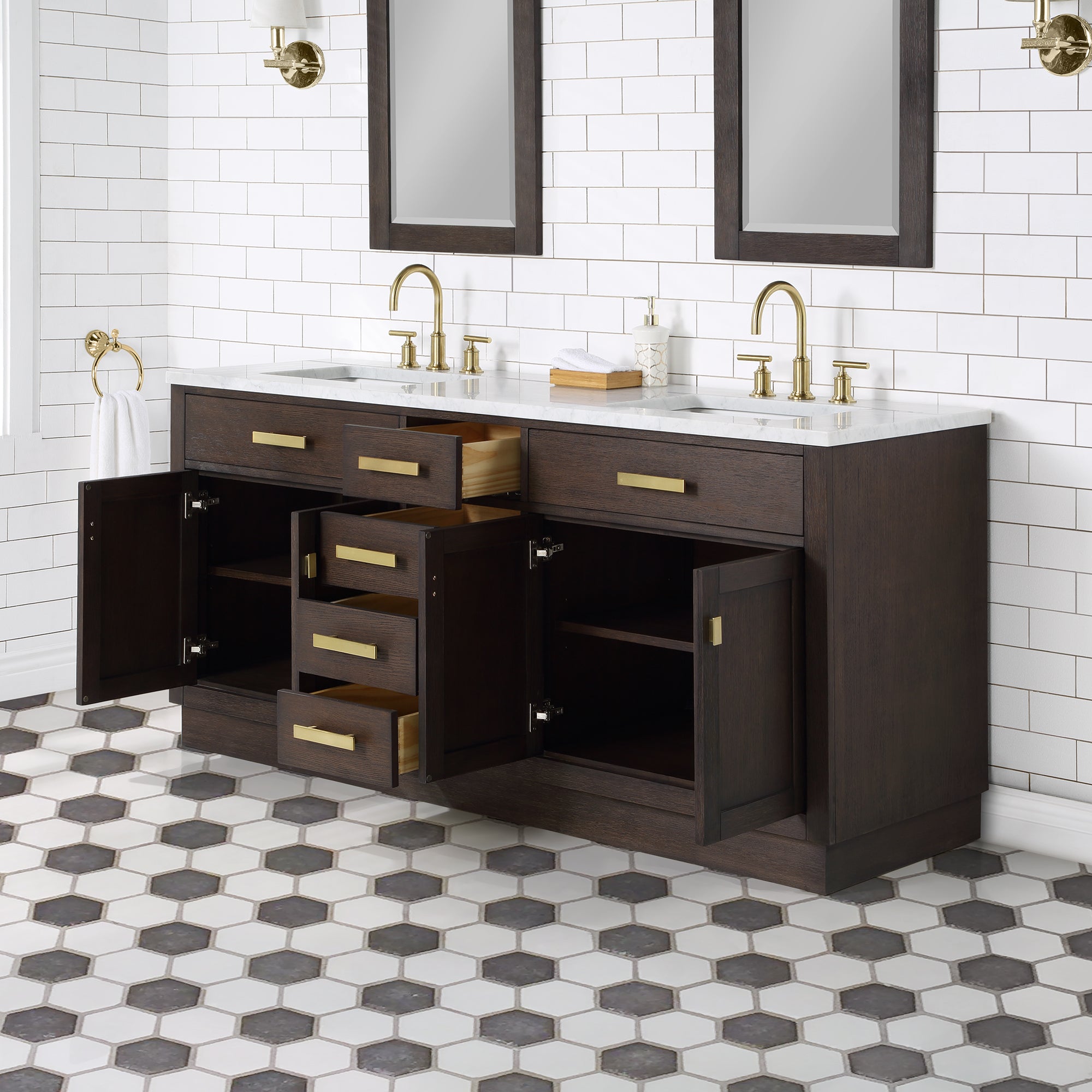 Water Creation | Chestnut 72 In. Double Sink Carrara White Marble Countertop Vanity In Brown Oak | CH72CW06BK-000000000