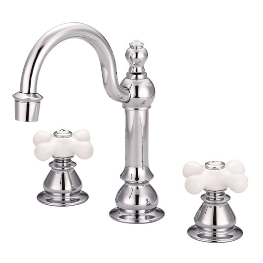 Water Creation | American 20th Century Classic Widespread Lavatory F2-0012 Faucets With Pop-Up Drain in Chrome Finish With Porcelain Cross Handles, Hot And Cold Labels Included | F2-0012-01-PX