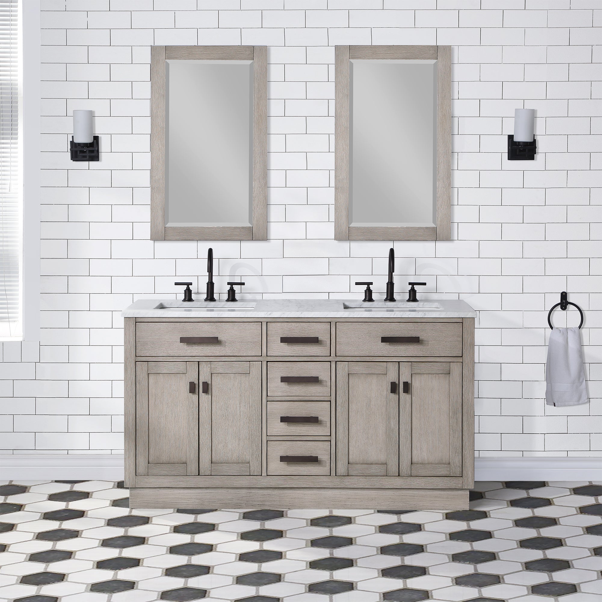 Water Creation | Chestnut 60 In. Double Sink Carrara White Marble Countertop Vanity In Grey Oak with Grooseneck Faucets | CH60CW03GK-000BL1403