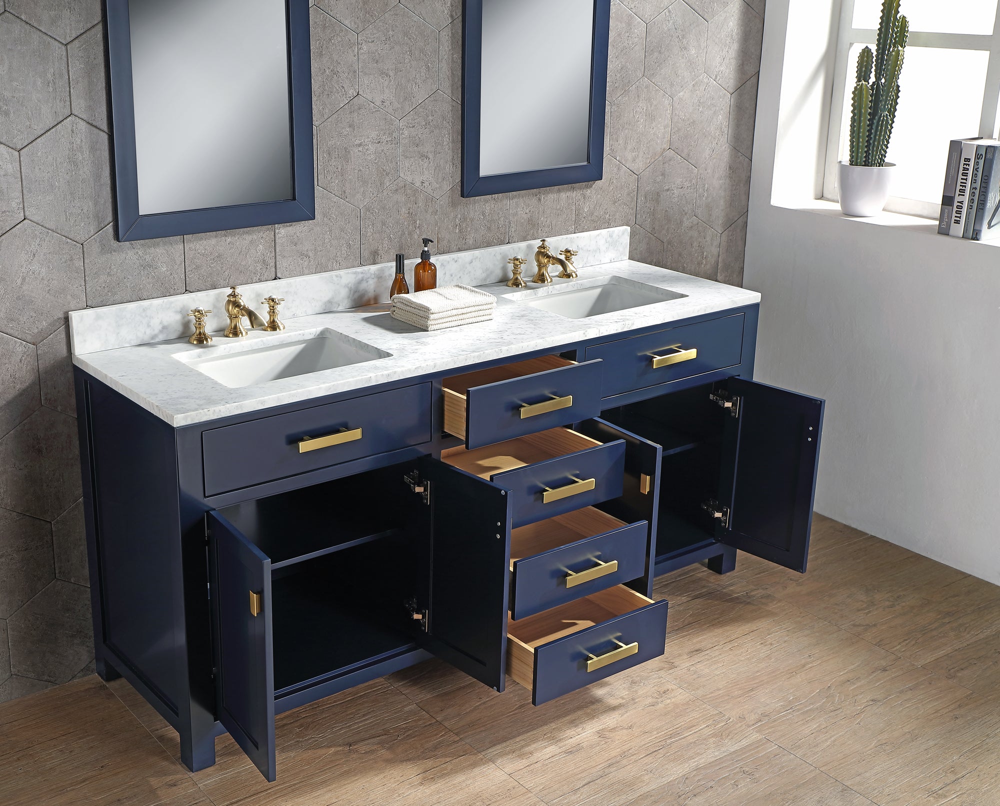 Water Creation | Madison 72-Inch Double Sink Carrara White Marble Vanity In Monarch Blue With Matching Mirror(s) and F2-0013-06-FX Lavatory Faucet(s) | MS72CW06MB-R21FX1306