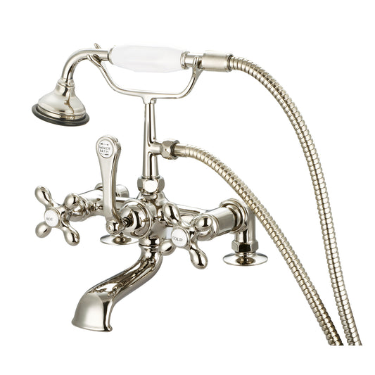 Water Creation | Vintage Classic 7 Inch Spread Deck Mount Tub Faucet With 2 Inch Risers & Handheld Shower in Polished Nickel (PVD) Finish With Metal Lever Handles, Hot And Cold Labels Included | F6-0007-05-AX