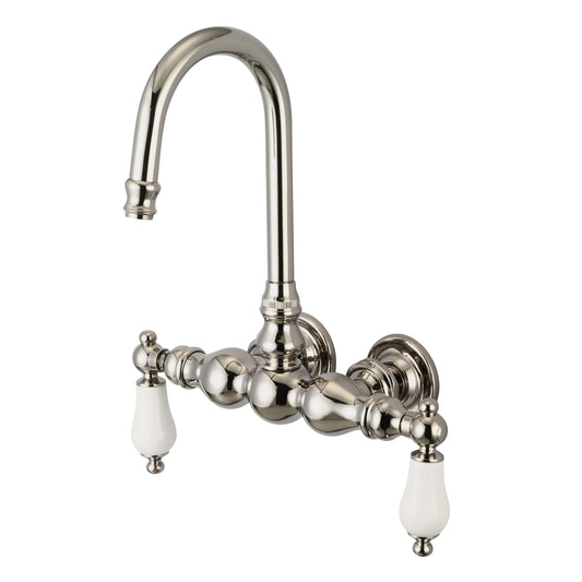 Water Creation | Vintage Classic 3.375 Inch Center Wall Mount Tub Faucet With Gooseneck Spout & Straight Wall Connector in Polished Nickel (PVD) Finish With Porcelain Lever Handles Without labels | F6-0014-05-PL
