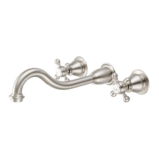 Water Creation | Elegant Spout Wall Mount Vessel/Lavatory Faucets in Brushed Nickel Finish With Metal Lever Handles, Hot And Cold Labels Included | F4-0001-02-BX