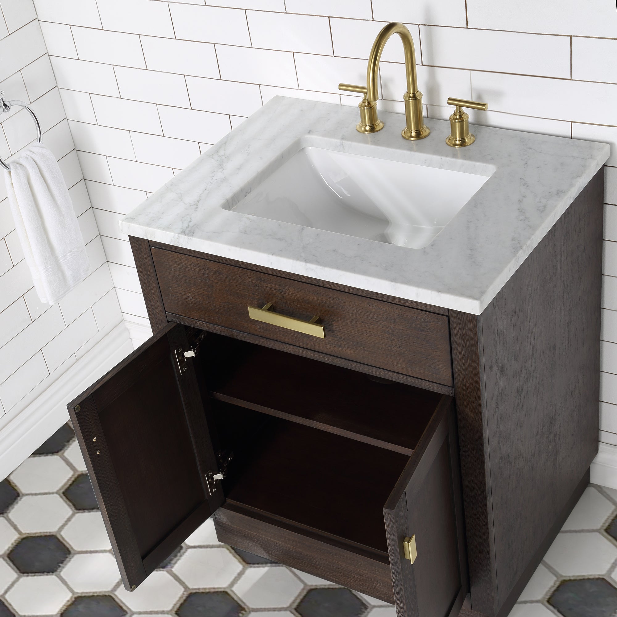 Water Creation | Chestnut 30 In. Single Sink Carrara White Marble Countertop Vanity In Brown Oak with Grooseneck Faucet and Mirror | CH30CW06BK-R21BL1406