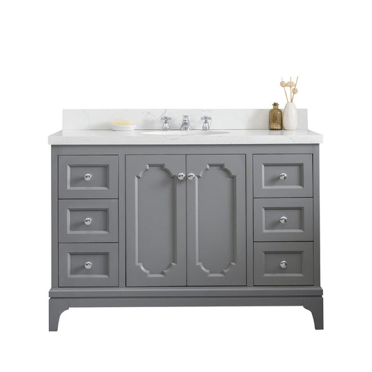 Water Creation | Queen 48-Inch Single Sink Quartz Carrara Vanity In Cashmere Grey  With F2-0009-01-BX Lavatory Faucet(s) | QU48QZ01CG-000BX0901