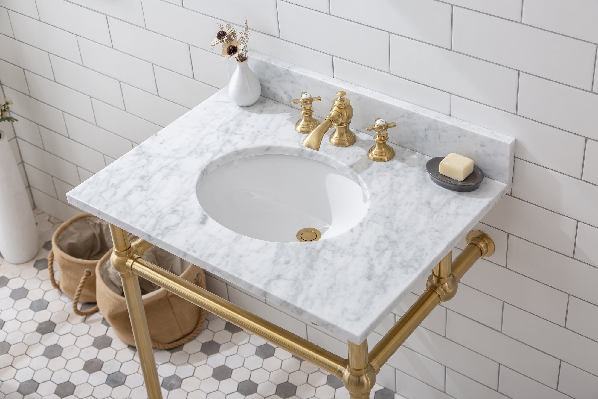 Water Creation | Embassy 30 Inch Wide Single Wash Stand, P-Trap, Counter Top with Basin, F2-0013 Faucet and Mirror included in Satin Gold Finish | EB30E-0613