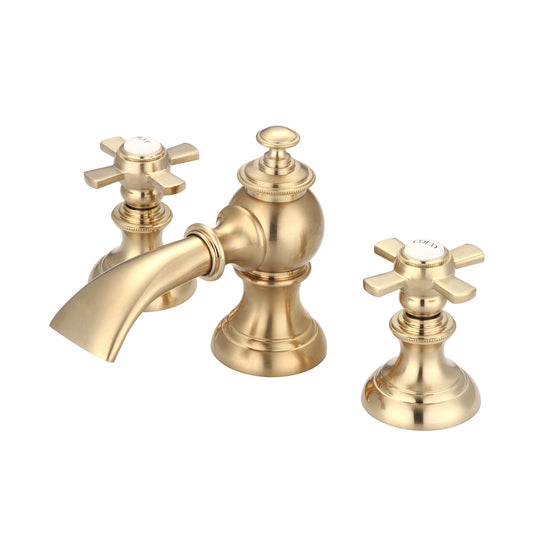 Water Creation | F2-0013-06-FX Satin Gold Waterfall with Flat Cross Handles True Brass Lavatory Faucet | F2-0013-06-FX