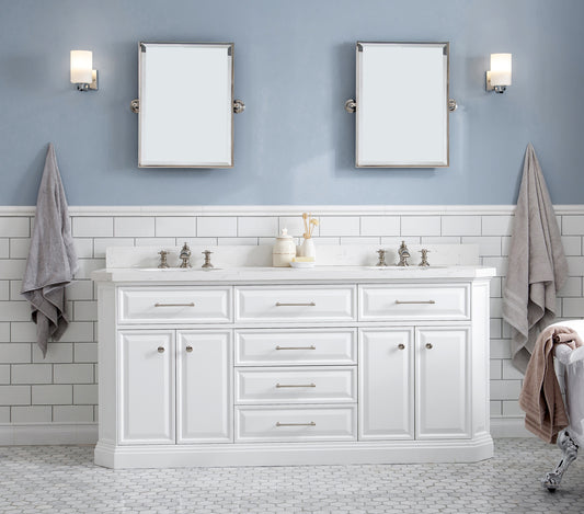 Water Creation | 72" Palace Collection Quartz Carrara Pure White Bathroom Vanity Set With Hardware And F2-0013 Faucets, Mirror in Polished Nickel (PVD) Finish | PA72QZ05PW-E18FX1305