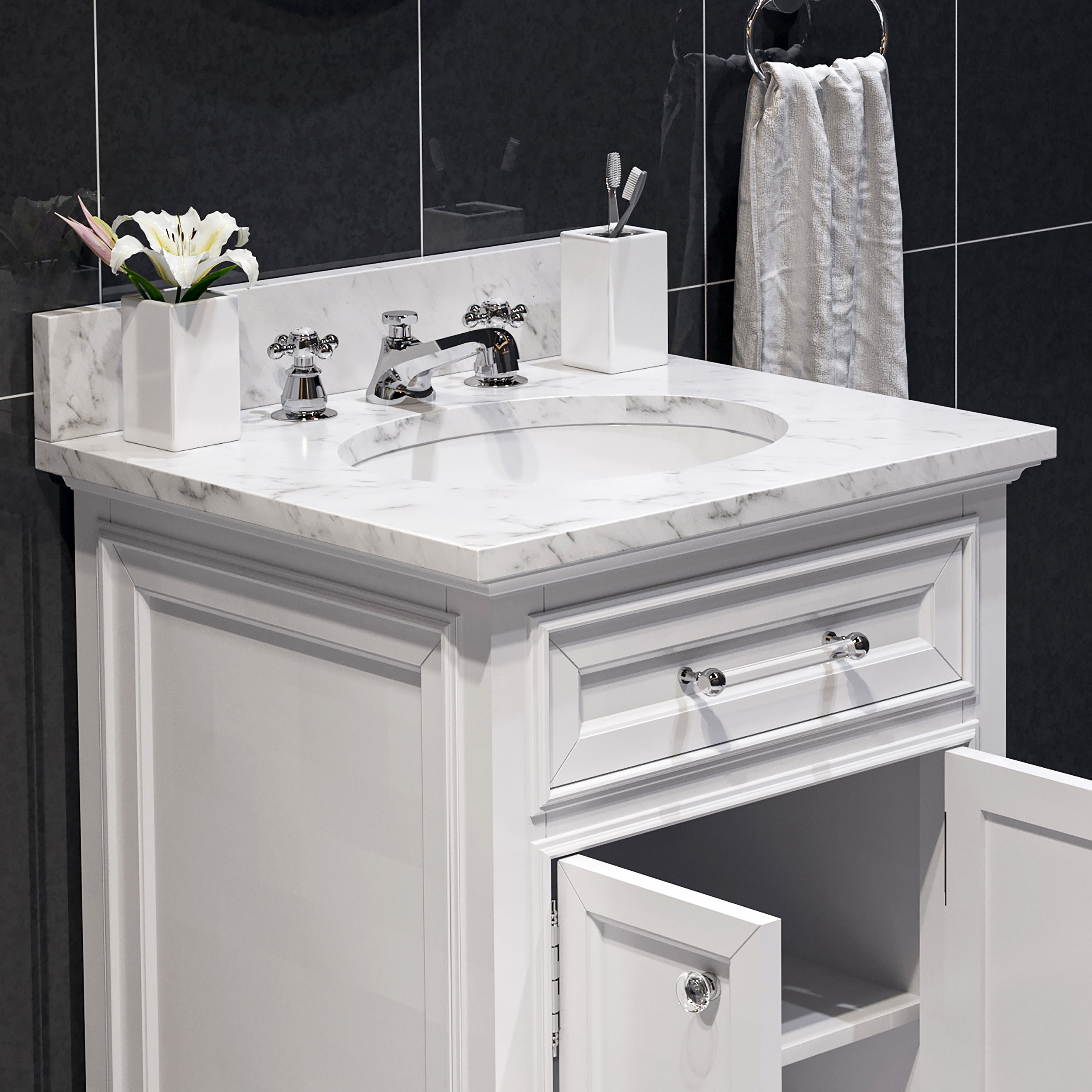Water Creation | 24 Inch Pure White Single Sink Bathroom Vanity With Matching Framed Mirror And Faucet From The Derby Collection | DE24CW01PW-O21BX0901