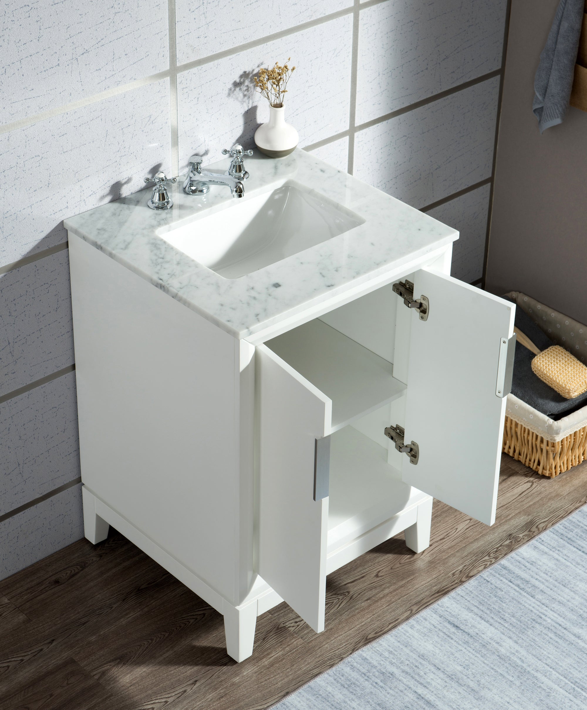 Water Creation | Elizabeth 24-Inch Single Sink Carrara White Marble Vanity In Pure White With Matching Mirror(s) and F2-0009-01-BX Lavatory Faucet(s) | EL24CW01PW-R21BX0901