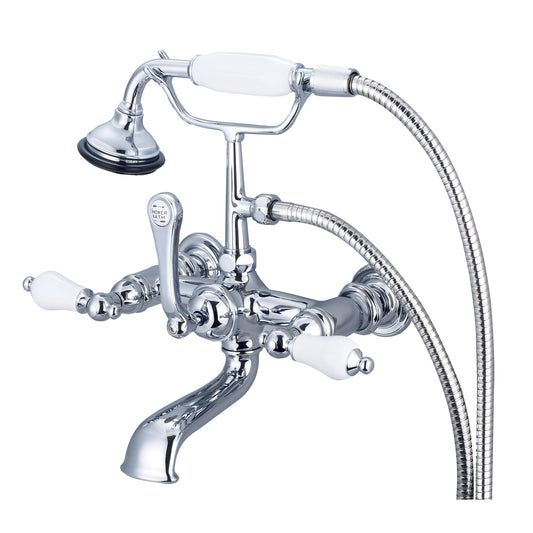 Water Creation | Vintage Classic 7 Inch Spread Wall Mount Tub Faucet With Straight Wall Connector & Handheld Shower in Chrome Finish With Porcelain Lever Handles Without labels | F6-0010-01-PL