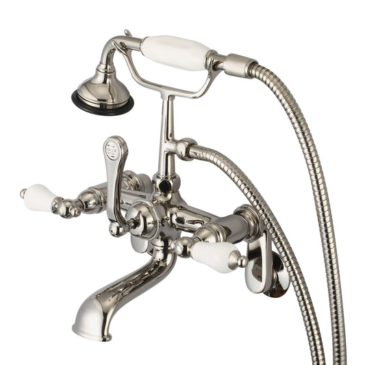 Water Creation | Vintage Classic Adjustable Center Wall Mount Tub Faucet With Swivel Wall Connector & Handheld Shower in Polished Nickel (PVD) Finish With Porcelain Lever Handles Without labels | F6-0009-05-PL