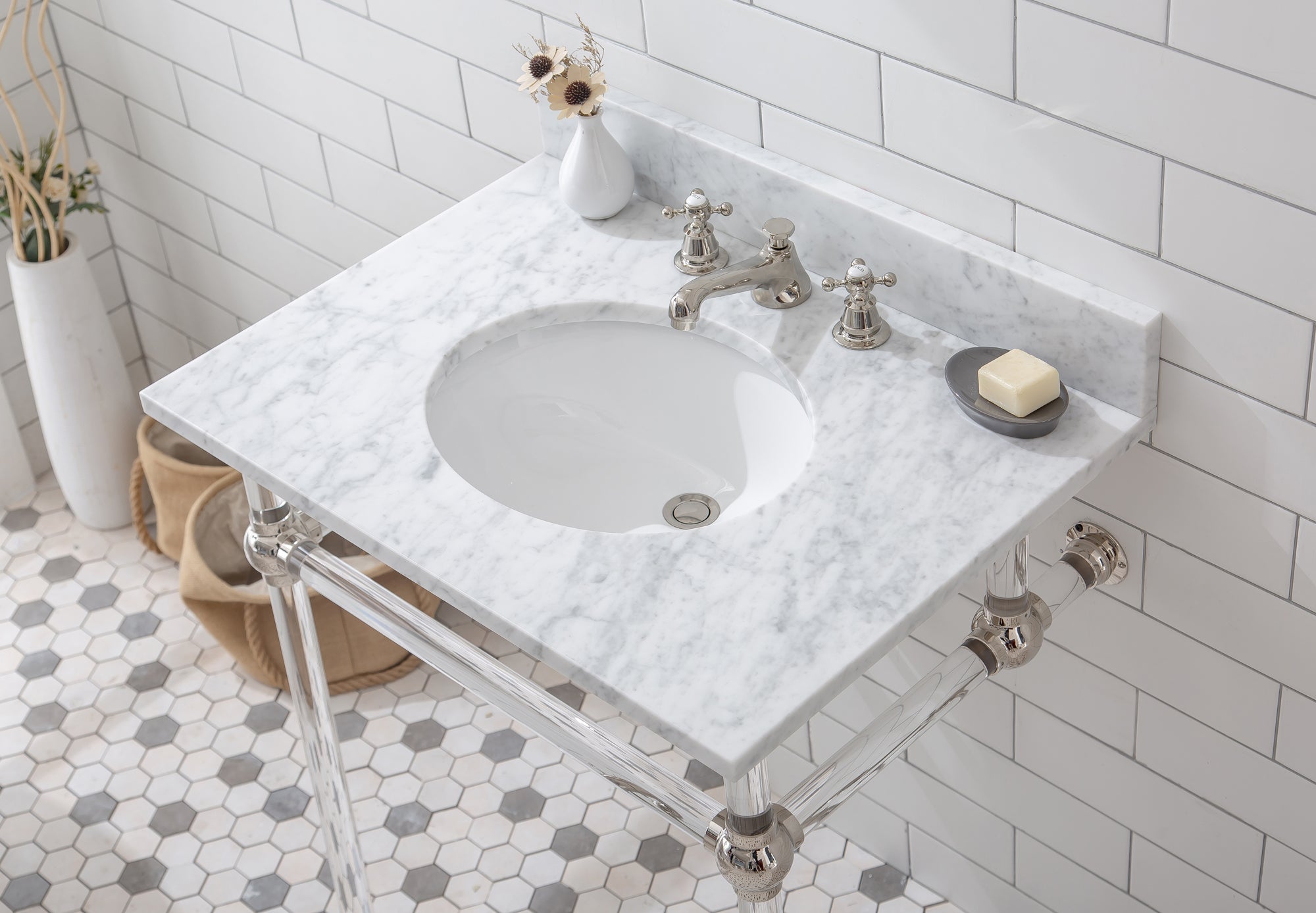 Water Creation | Empire 30 Inch Wide Single Wash Stand, P-Trap, and Counter Top with Basin included in Polished Nickel (PVD) Finish | EP30C-0500