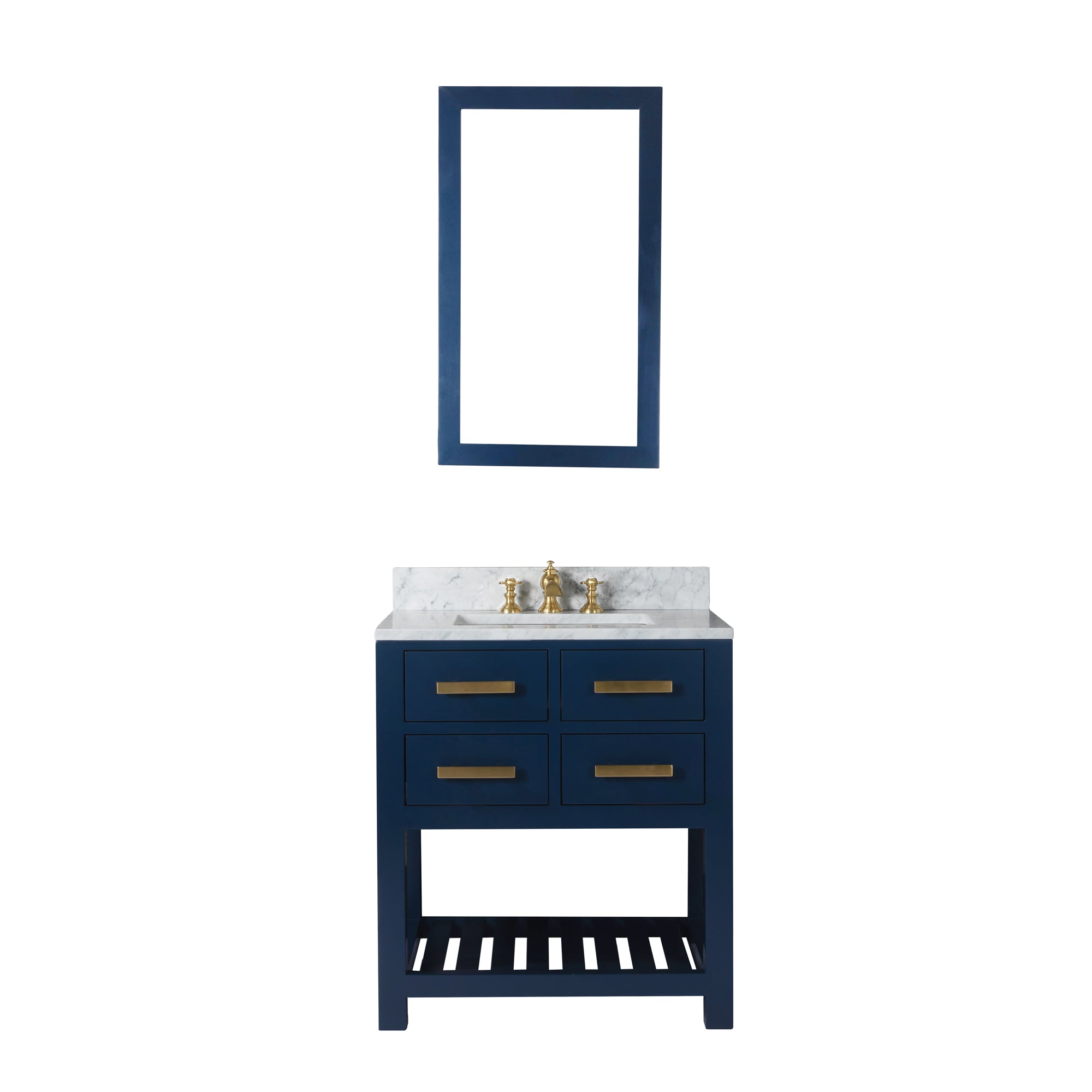 Water Creation | 30 Inch Monarch Blue Single Sink Bathroom Vanity With F2-0013 Satin Gold Faucet And Mirror From The Madalyn Collection | MA30CW06MB-R21FX1306