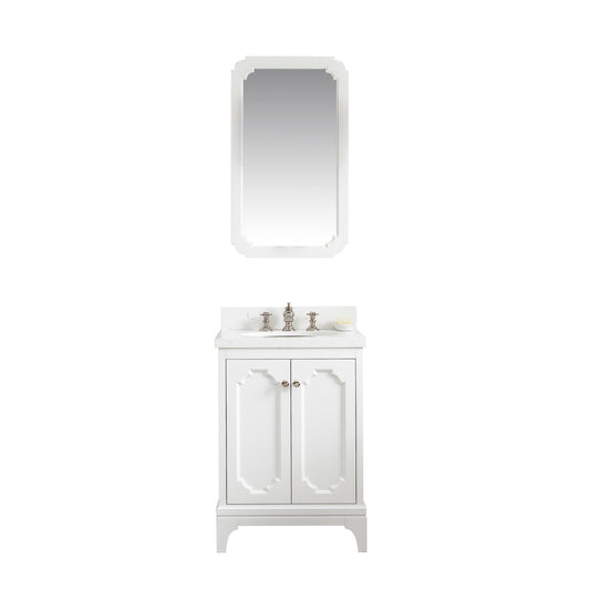 Water Creation | Queen 24-Inch Single Sink Quartz Carrara Vanity In Pure White With Matching Mirror(s) and F2-0013-05-FX Lavatory Faucet(s) | QU24QZ05PW-Q21FX1305