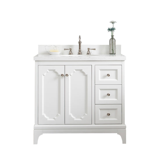 Water Creation | Queen 36-Inch Single Sink Quartz Carrara Vanity In Pure White  With F2-0012-05-TL Lavatory Faucet(s) | QU36QZ05PW-000TL1205