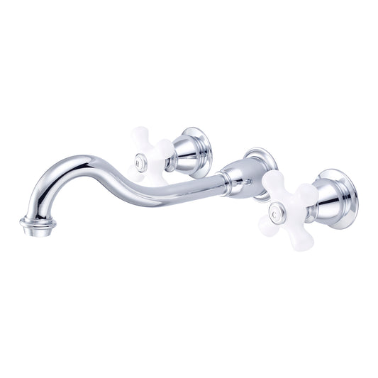 Water Creation | Elegant Spout Wall Mount Vessel/Lavatory Faucets in Chrome Finish With Porcelain Cross Handles, Hot And Cold Labels Included | F4-0001-01-PX