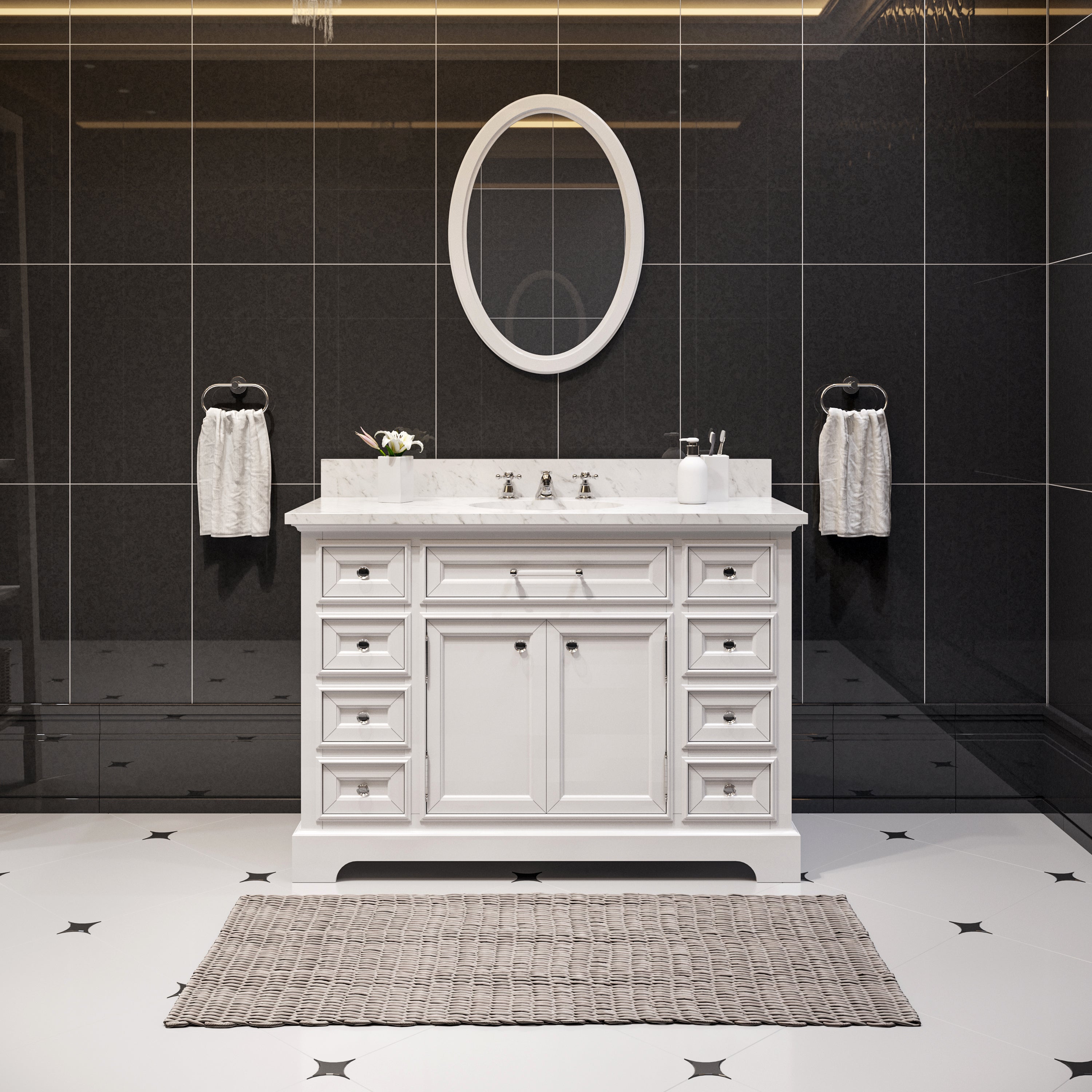 Water Creation | 48 Inch Pure White Single Sink Bathroom Vanity With Matching Framed Mirror And Faucet From The Derby Collection | DE48CW01PW-O24BX0901