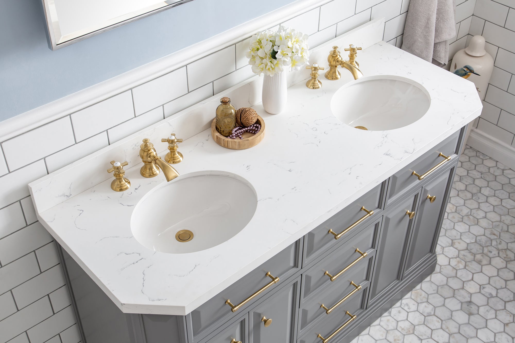 Water Creation | 60" Palace Collection Quartz Carrara Cashmere Grey Bathroom Vanity Set With Hardware And F2-0013 Faucets in Satin Gold Finish And Only Mirrors in Chrome Finish | PA60QZ06CG-E18FX1306