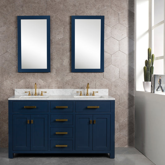 Water Creation | Madison 60-Inch Double Sink Carrara White Marble Vanity In Monarch BlueWith F2-0012-06-TL Lavatory Faucet(s) | MS60CW06MB-000TL1206