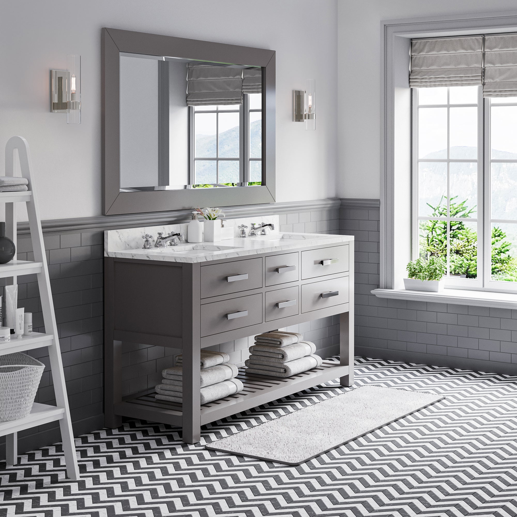 Water Creation | 60 Inch Cashmere Grey Double Sink Bathroom Vanity With Matching Framed Mirror From The Madalyn Collection | MA60CW01CG-R60000000