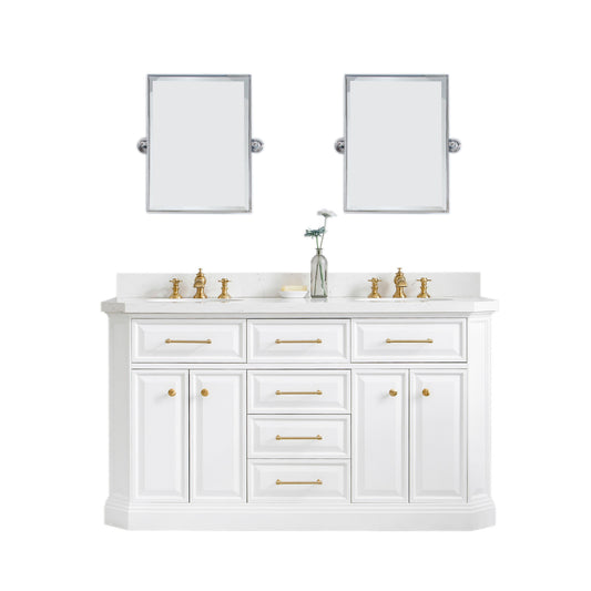 Water Creation | 60" Palace Collection Quartz Carrara Pure White Bathroom Vanity Set With Hardware And F2-0013 Faucets in Satin Gold Finish And Only Mirrors in Chrome Finish | PA60QZ06PW-E18FX1306