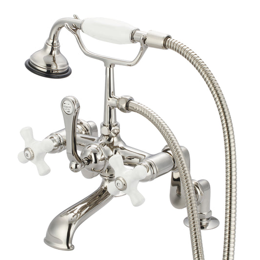 Water Creation | Vintage Classic Adjustable Center Deck Mount Tub Faucet With Handheld Shower in Polished Nickel (PVD) Finish With Porcelain Cross Handles, Hot And Cold Labels Included | F6-0008-05-PX