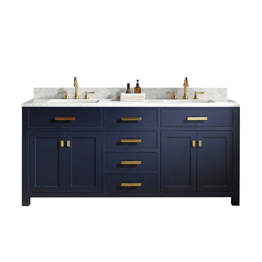 Water Creation | Madison 72-Inch Double Sink Carrara White Marble Vanity In Monarch Blue  | MS72CW06MB-000000000