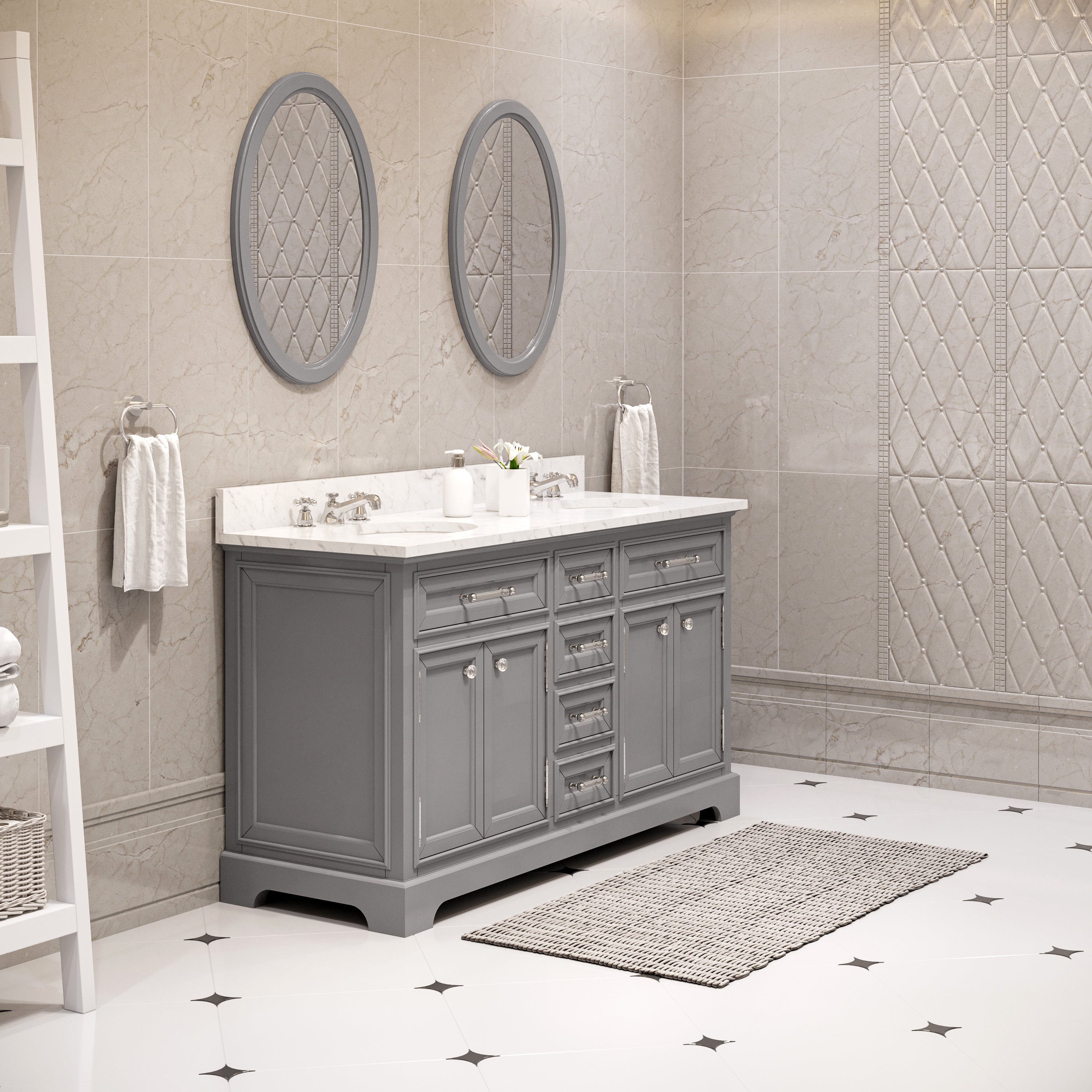 Water Creation | 60 Inch Cashmere Grey Double Sink Bathroom Vanity With Matching Framed Mirrors And Faucets From The Derby Collection | DE60CW01CG-O21BX0901