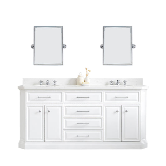 Water Creation | 72" Palace Collection Quartz Carrara Pure White Bathroom Vanity Set With Hardware And F2-0009 Faucets, Mirror in Chrome Finish | PA72QZ01PW-E18BX0901