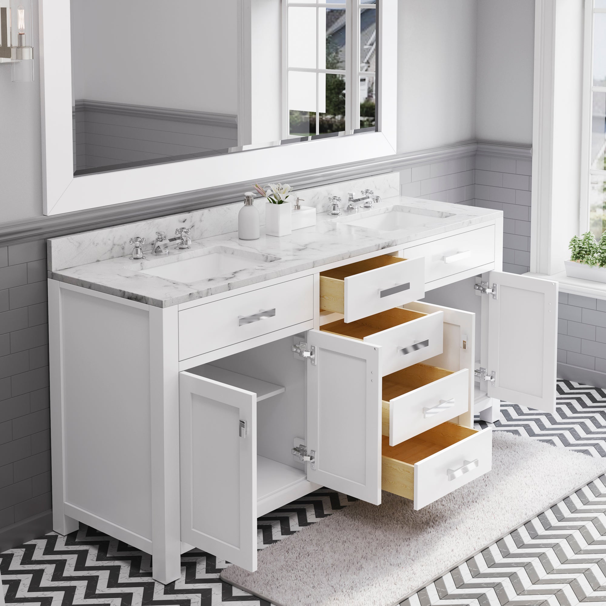 Water Creation | 72 Inch Pure White Double Sink Bathroom Vanity With Matching Framed Mirror And Faucet From The Madison Collection | MS72CW01PW-R72BX0901