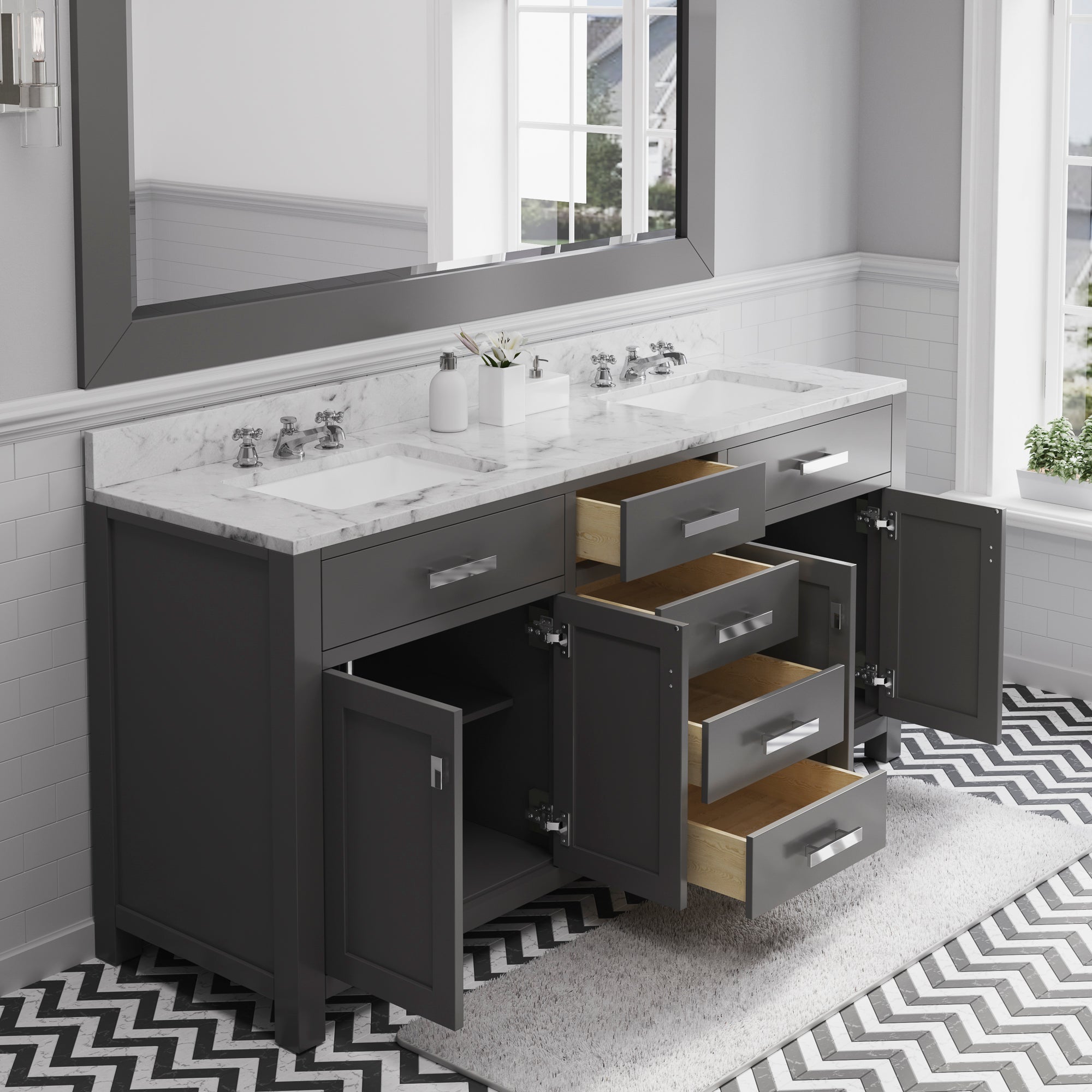 Water Creation | 72 Inch Cashmere Grey Double Sink Bathroom Vanity With Matching Framed Mirror And Faucet From The Madison Collection | MS72CW01CG-R72BX0901