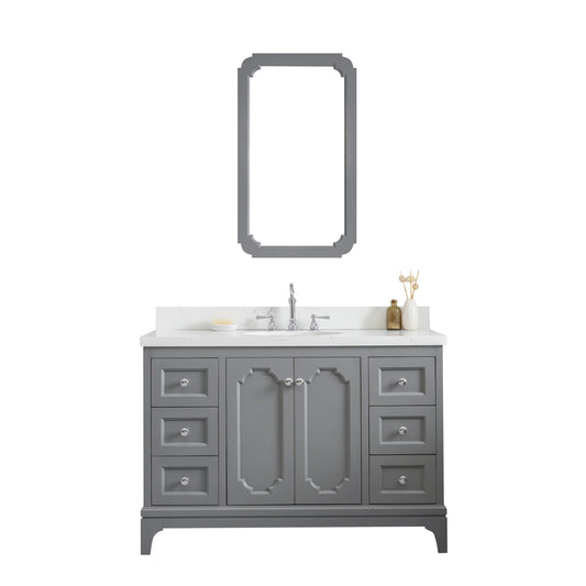 Water Creation | Queen 48-Inch Single Sink Quartz Carrara Vanity In Cashmere Grey With Matching Mirror(s) and F2-0012-01-TL Lavatory Faucet(s) | QU48QZ01CG-Q21TL1201