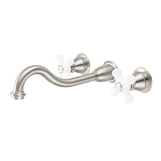 Water Creation | Elegant Spout Wall Mount Vessel/Lavatory Faucets in Brushed Nickel Finish With Porcelain Cross Handles, Hot And Cold Labels Included | F4-0001-02-PX