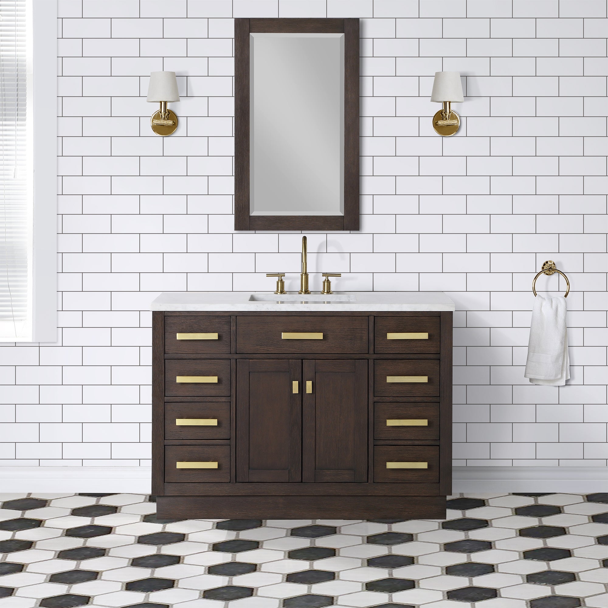 Water Creation | Chestnut 48 In. Single Sink Carrara White Marble Countertop Vanity In Brown Oak with Grooseneck Faucet | CH48CW06BK-000BL1406