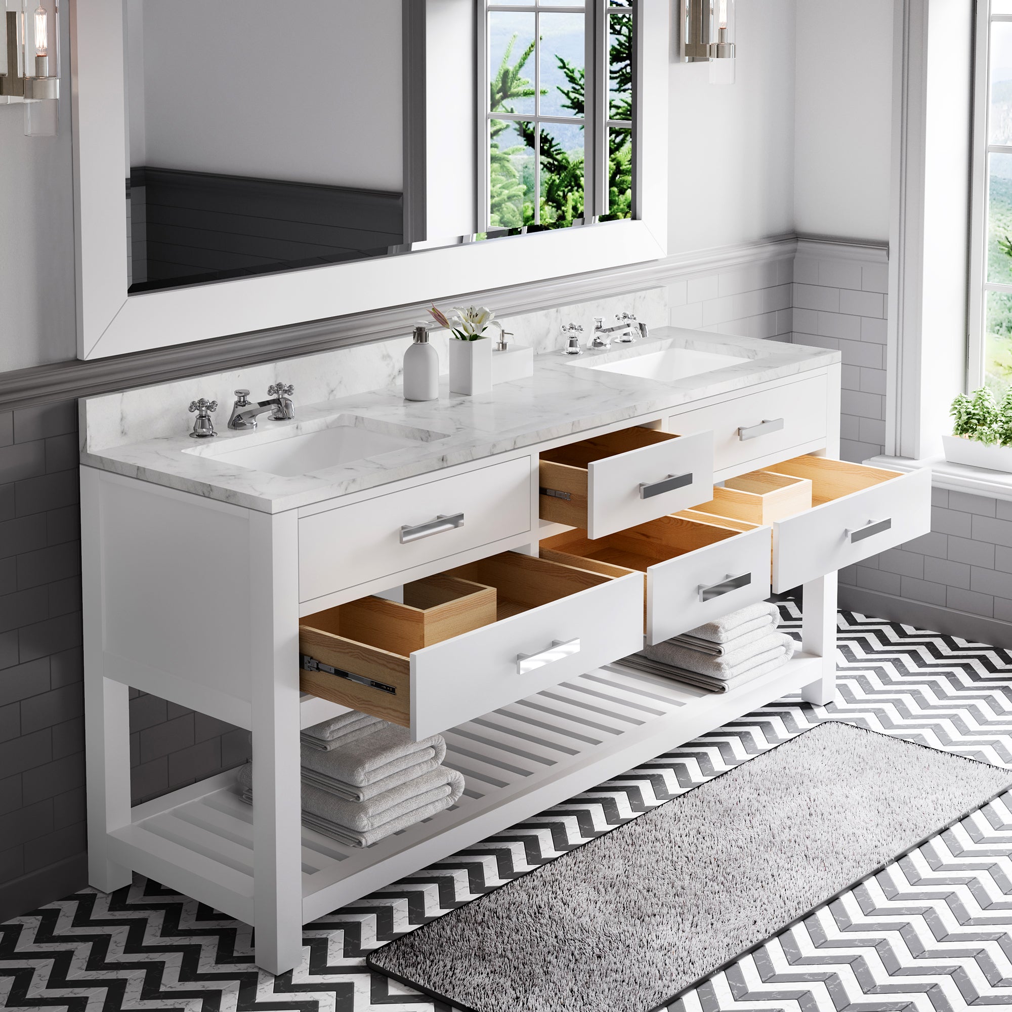 Water Creation | 72 Inch Pure White Double Sink Bathroom Vanity With Matching Large Framed Mirror From The Madalyn Collection | MA72CW01PW-R72000000