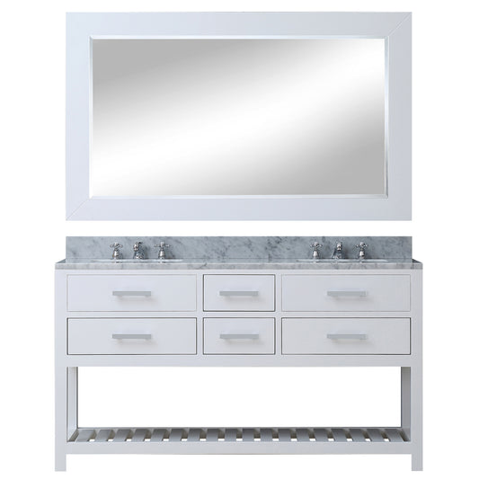 Water Creation | 60 Inch Pure White Double Sink Bathroom Vanity With Matching Framed Mirror And Faucet From The Madalyn Collection | MA60CW01PW-R60BX0901