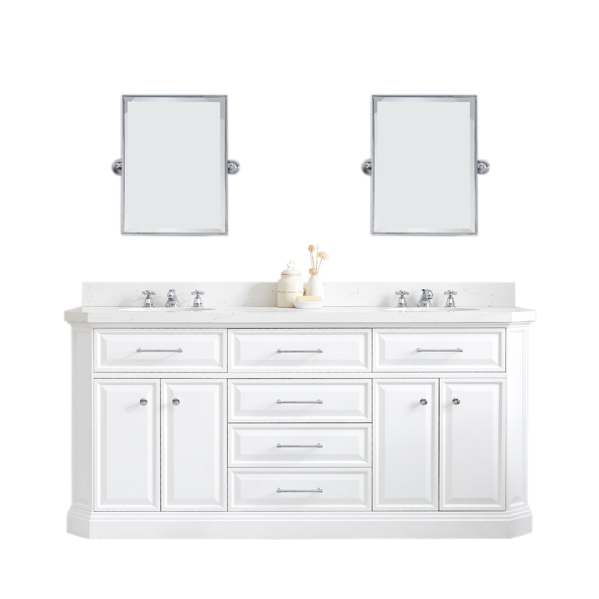 Water Creation | 72" Palace Collection Quartz Carrara Pure White Bathroom Vanity Set With Hardware, Mirror in Chrome Finish | PA72QZ01PW-E18000000