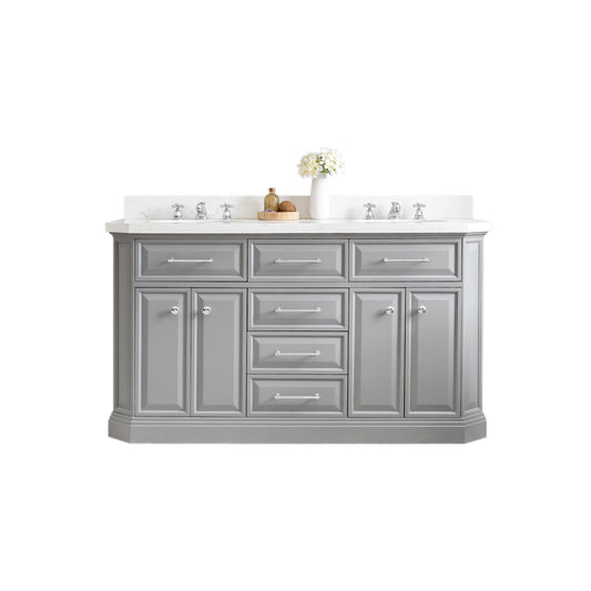 Water Creation | 60" Palace Collection Quartz Carrara Cashmere Grey Bathroom Vanity Set With Hardware And F2-0009 Faucets in Chrome Finish | PA60QZ01CG-000BX0901