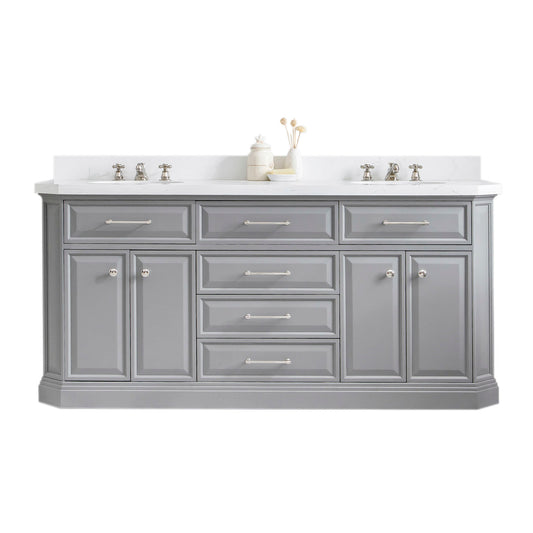 Water Creation | 72" Palace Collection Quartz Carrara Cashmere Grey Bathroom Vanity Set With Hardware And F2-0009 Faucets in Polished Nickel (PVD) Finish | PA72QZ05CG-000BX0905