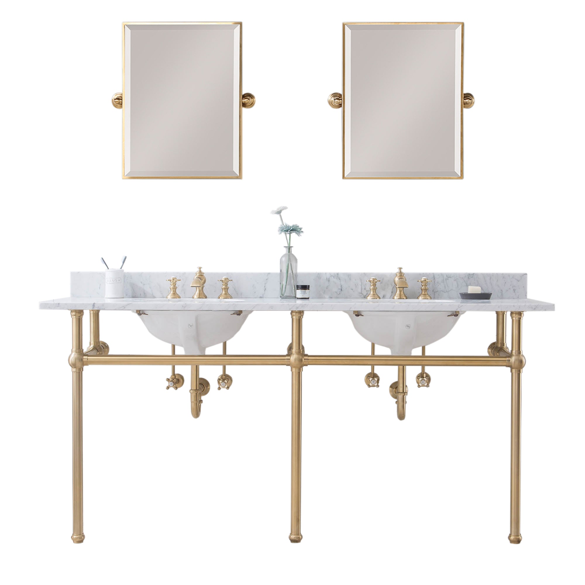 Water Creation | Embassy 72 Inch Wide Double Wash Stand, P-Trap, Counter Top with Basin, F2-0013 Faucet and Mirror included in Satin Gold Finish | EB72E-0613