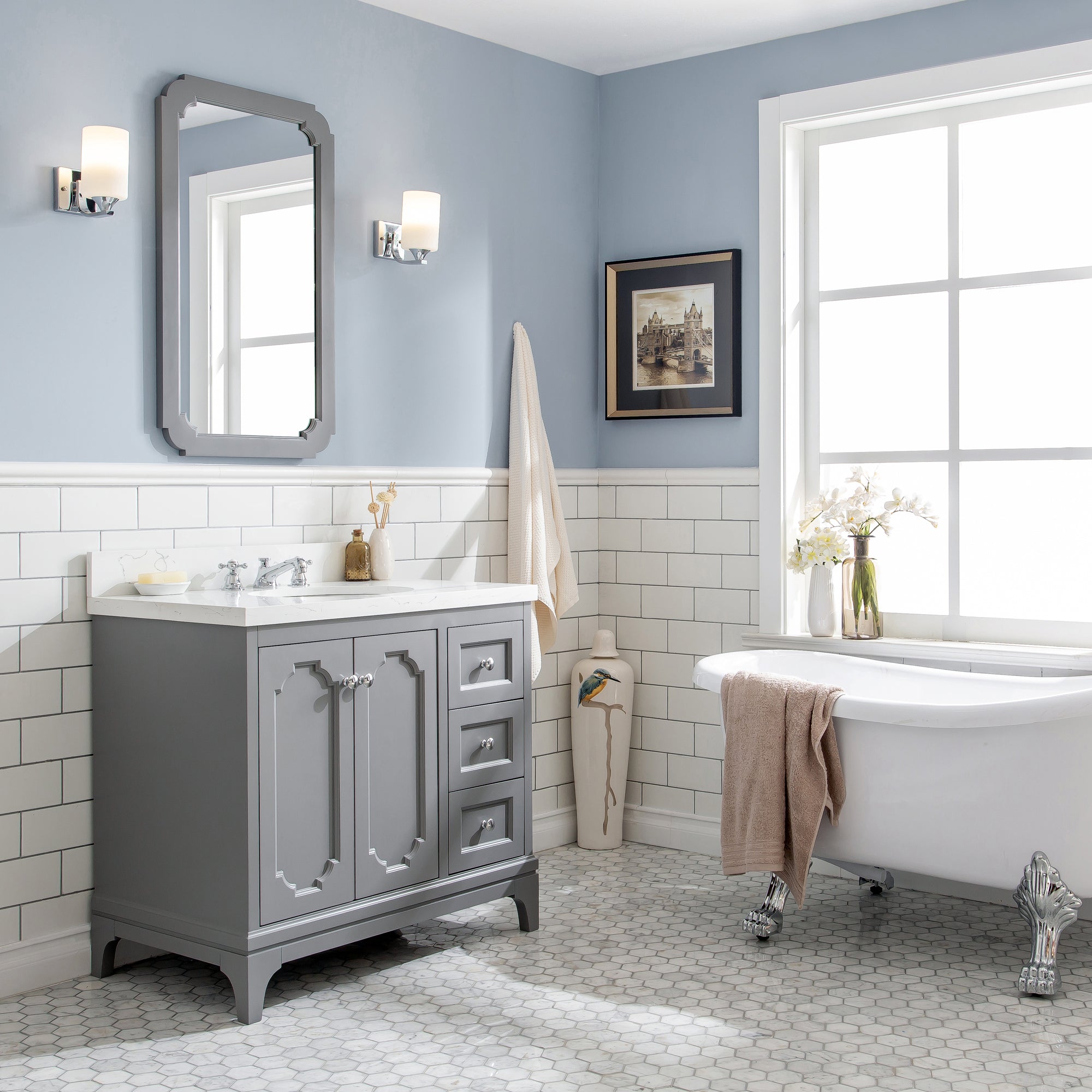 Water Creation | Queen 36-Inch Single Sink Quartz Carrara Vanity In Cashmere Grey With Matching Mirror(s) and F2-0009-01-BX Lavatory Faucet(s) | QU36QZ01CG-Q21BX0901